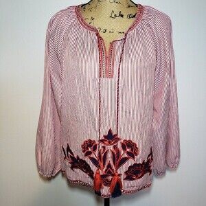 Solitaire Striped Embroidered Long Sleeve Bohemian Lightweight Blouse Size M